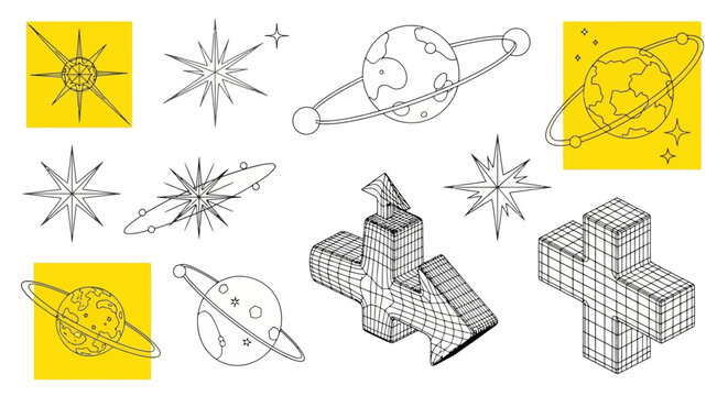 Cosmic Collection Hand-Drawn Planets and Stars Line Art Set