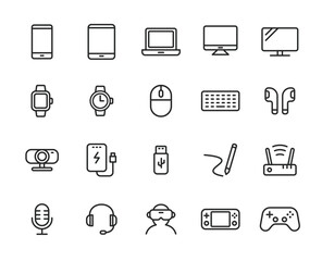 デジタルデバイスとガジェットのラインアイコンセット（スマホ・PC・周辺機器・アクセサリー）20種