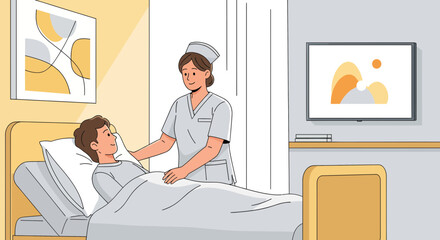 Caring Nurse Comforts Patient In Hospital Room And Offers Medical Attentions