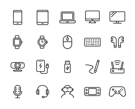 デジタルデバイスとガジェットのラインアイコンセット（スマホ・PC・周辺機器・アクセサリー）20種