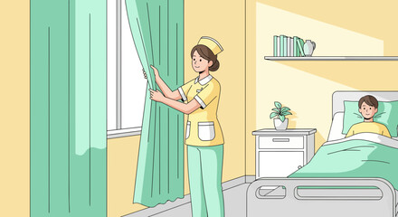 Caring Nurse Opens Curtains For Patient In A Hospital Room Providing Comfort And Care