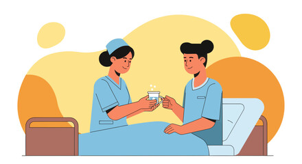 Caring Nurse Offers Warm Drink to Patient While Providing Compassionate Support and Care