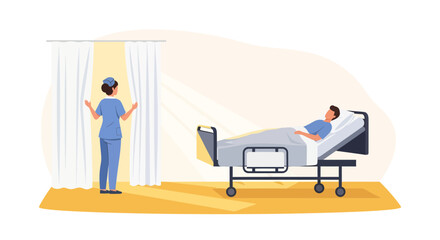 Caring Nurse Opens Curtains For Patient In Recovery And Hospital Setting