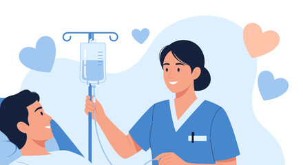 Caring Nurse Smiles While Administering Patient Intravenous Drip in Hospital Ward