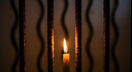 A single lit candle positioned behind iron bars creates a warm glow in a dark environment, symbolizing hope, resilience, or solitude amid confinement