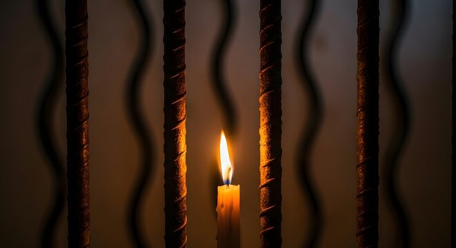 A single lit candle positioned behind iron bars creates a warm glow in a dark environment, symbolizing hope, resilience, or solitude amid confinement