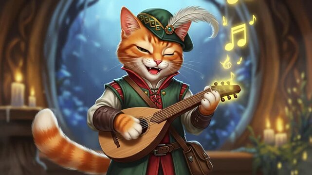 An animated fantasy cat bard playing a lute and singing. Whimsical ginger tabby character in a medieval costume for a fantasy adventure. Cute anthropomorphic animal illustration