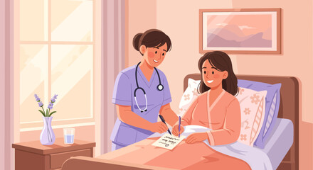 Caring Nurse Writing On Paper For Patient While Smiling In Hospital Room Setting