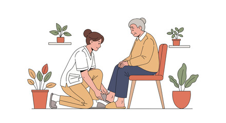 Caring Professional Assistance: Elderly Woman's Foot Care Within Serene Interior Scene
