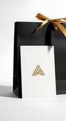 Elegant black gift bag with a gold ribbon and a white card featuring a modern geometric, set against a plain background for a sophisticated presentation