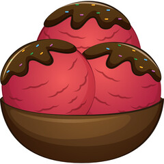 Three Scoops of Strawberry Ice Cream with Chocolate Drizzle and Sprinkles in a Brown Bowl on a Transparent Background