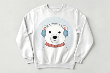 Cute cartoon polar bear wearing earmuffs and scarf on a white sweatshirt