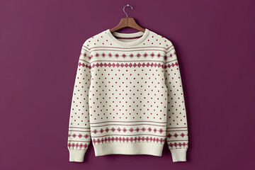 Cozy cream nordic patterned knit sweater hanging on a wooden hanger