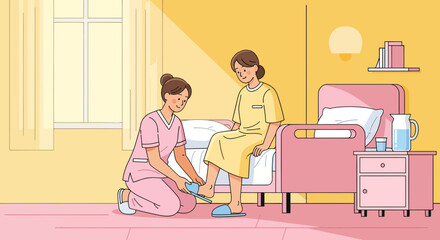 Compassionate Healthcare Provider Assisting Patient's Foot Care In A Brightly Lit Room
