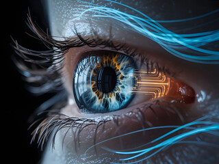 Close up of a human eye with futuristic digital circuit patterns and glowing blue lines