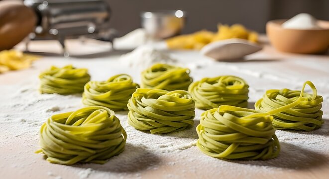 Green Noodles Arranged in Nests on a Floured Table