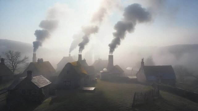 Misty morning aerial view of a historic village with smoking chimneys and thatched roofs