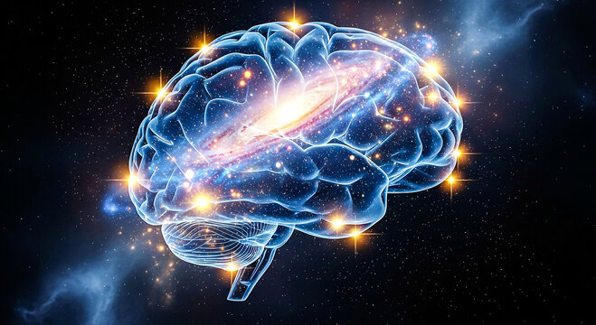 A futuristic brain illustration with glowing neural pathways and synapses, symbolizing intelligence, cognition, and advanced neuroscience research in a cosmic setting. - Powered by Adobe