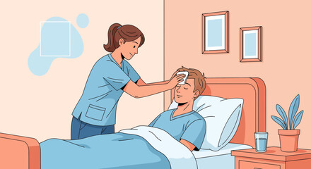 Compassionate Nurse Comforting Patient in Bedroom, Illustrating Healthcare and Recovery