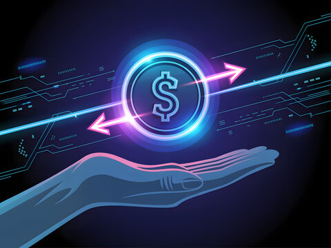 Digital currency transaction with neon dollar coin and hand