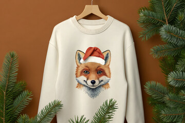 Cozy cream christmas sweater featuring a festive fox wearing a santa hat