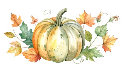 Watercolor Pumpkin and Autumn Leaves Illustration for Fall Season.