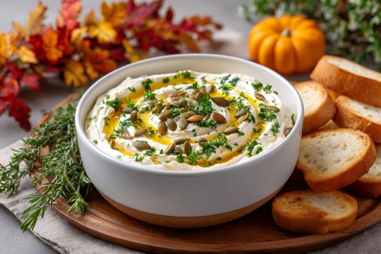 Pumpkin dip with toasted bread appetizer for autumn