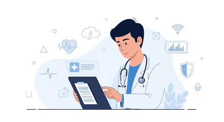 Digital Healthcare Concept: Doctor Using Tablet For Medical Data Visualization and Analysis