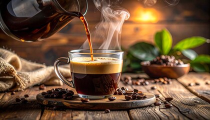 A steaming hot drink being poured into a transparent mug on a rustic wooden table, rich aromatic coffee with roasted beans scattered around.
