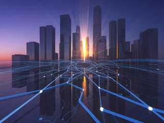 Futuristic cityscape with digital network overlay at dusk