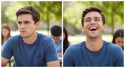 A young man exhibits contrasting emotions, appearing serious and contemplative in one image and joyful with a broad smile in the other, set outdoors with a blurred background of trees and people