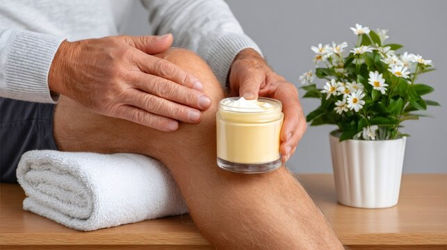 Man applying pain relief cream to knee