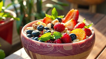 Healthy breakfast bowl with fresh fruit, berries, and nuts. Close-up of a vibrant superfood meal in bright sunlight. Healthy eating and nutrition concept
