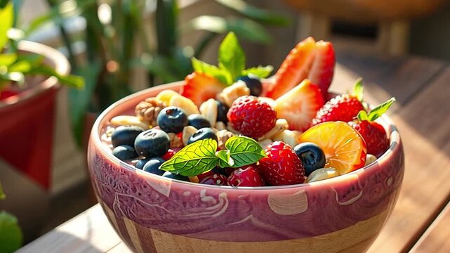 Healthy breakfast bowl with fresh fruit, berries, and nuts. Close-up of a vibrant superfood meal in bright sunlight. Healthy eating and nutrition concept