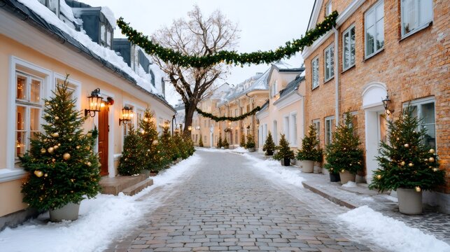 European Christmas street decorating historic cobblestone village during winter