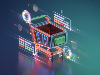 Futuristic digital shopping cart with glowing data streams