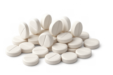 Pills and medication for health. White round tablets for medical treatment and supplements on transparent background