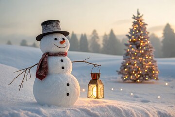 Obraz premium Cheerful Snowman Holding Lantern Beside Beautiful Christmas Tree in Snowy Winter Landscape