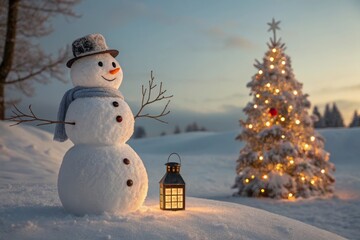 Obraz premium Charming Snowman with Lantern Beside Festive Christmas Tree in Winter Wonderland Scene