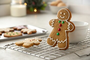 Gingerbread cookie with festive decorations on a cooling rack in a cozy kitchen setting