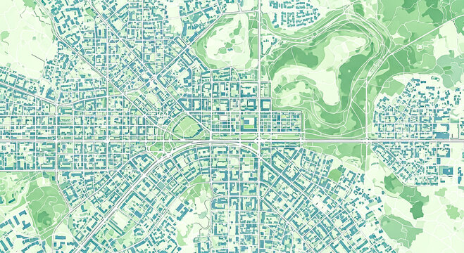 Top-down satellite-style map of a city featuring organized streets, neighborhoods, parks, and infrastructure in a grid pattern. 150 chars.