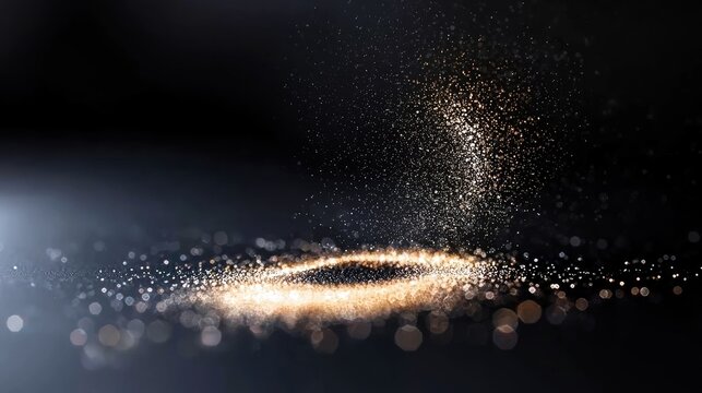 Golden particles swirl and form a luminous ring on a dark, moody background, with soft bokeh lights adding depth and atmosphere.