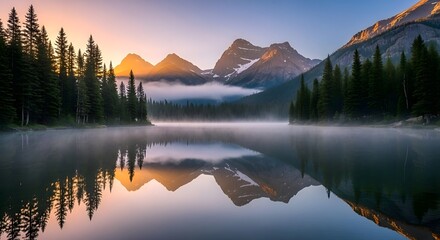 A serene morning sunrise over a misty mountain lake showing perfect reflections of the evergreen forest and peaks in calm water