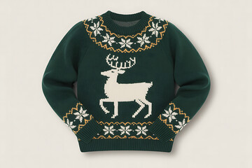 Green christmas sweater with white reindeer and snowflake pattern