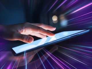 Hand touching a glowing tablet with futuristic light streaks