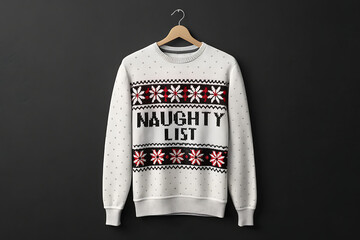 White christmas sweater with naughty list design hanging on a hanger