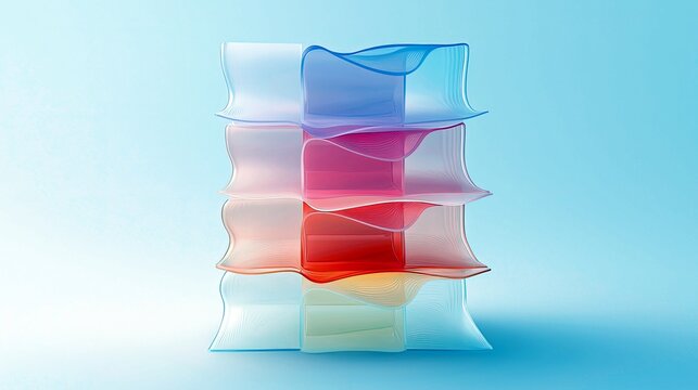 A stack of four transparent, wavy geometric shapes in blue, pink, red, and green against a soft blue gradient background.