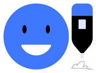 Fototapeta premium Blue happy face and black marker pen with simple line drawing. Ideal for creativity, happiness, expression, productivity, education, design, and positivity. Simple flat metaphor