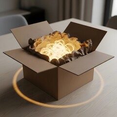 A cardboard box with crumpled paper and a glowing light inside, placed on a wooden table in a modern indoor setting, creating a warm and cozy atmosphere