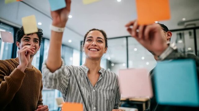 Team laughs around sticky notes during upbeat ideation session in bright office